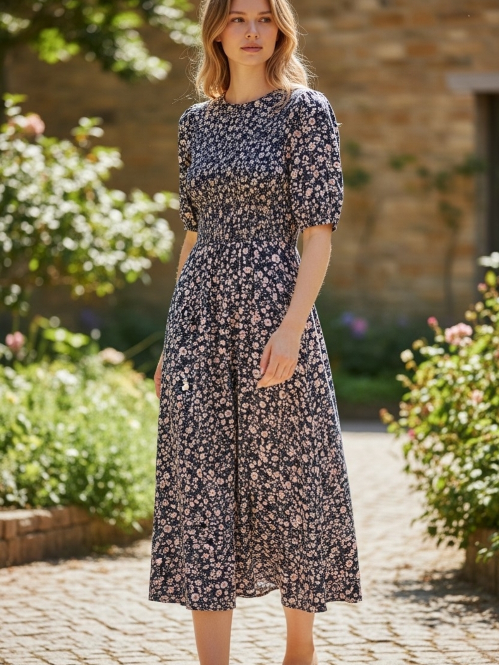 Old Navy Navy Floral Smocked Midi Dress with Pink Blossoms